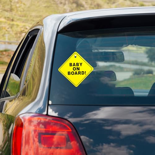 Image of COMNICO Baby on Board Signs for Car, 2 Pcs 5 inchx5 inch Baby on Board Decal Safety Car Sign with Double Suction Cups Bright Yellow Reusable Car Warning Signs Durable Baby on Board Sticker for Car
