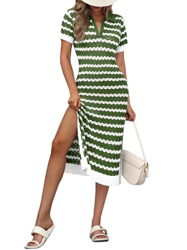 Saodimallsu Womens Striped Summer Dresses V Neck Collared Short Sleeve Loose Knit Slit Midi Sweater Dress2