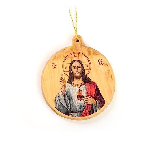 Catholic Christmas Ornaments - Jesus Christ Sacred Heart Round Icon Olive Wood Ornaments from The Holy Land - 2.5" Small Wooden Christmas Ornaments for Tree Decorations & Seasonal Decor