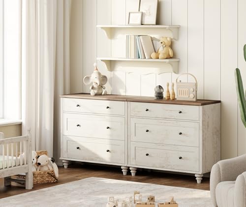 Image of WAMPAT Kids Dresser for Bedroom with 6 Drawers, Baby Dressers with Wide Chest of Drawers, Farmhouse Wooden Closet Storage Organizer, Large Wood Dressers for Living Room, Nursery, Hallway, Rustic White