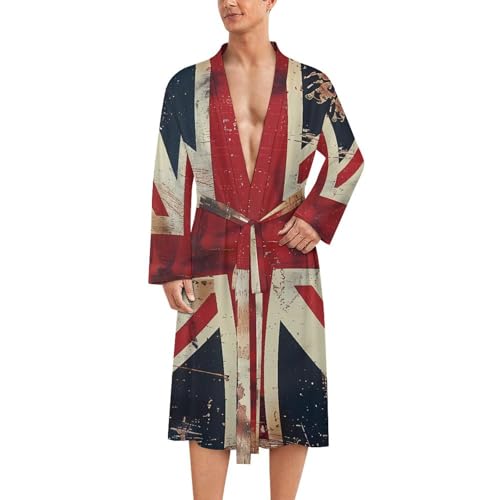 UK Vintage British Flag Men's Robes Long Sleeve V Neck Bath Robe Printed Bathrobes Cozy Soft Sleepwear