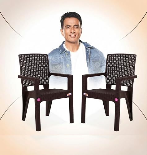 Image of AVRO FURNITURE Plastic Rattan Chairs| Set of 2 | Plastic Chairs for Dining Room, Bedroom, Living Room | Comfortable Back |Curved Seating | Rattan Box Legs |Bearing Capacity up to 200Kg, Brown Colour