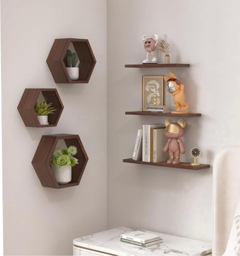 Image of Hexagon Wall Shelves Set of 6 | Wooden Floating Wall Shelf for Home Decor | Honeycomb Design Wall Rack for Living Room, Bedroom & Office (Brown)