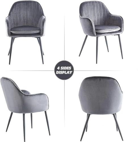 Image of Pair of 2 Stylish, Modern, Elegant & Comfortable Velvet Arms Chairs for Dinning Living Hotel Cafe (2 Chairs) (Grey Black Legs)