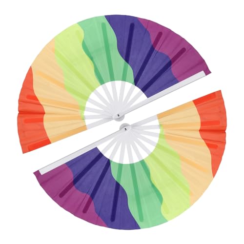 YELARXI Large Folding Fans for Line Dancing, Foldable Decorative Handheld Folding Hand Clacking Fan, 2Pcs&12.6"&Stripes&Rainbow Waves/White -for Women Edm Party Club Performance Dance by YELARXI - Used condition - US$9.36