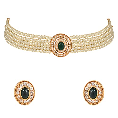 I Jewels handcrafted stone pearl temple choker necklace set for women