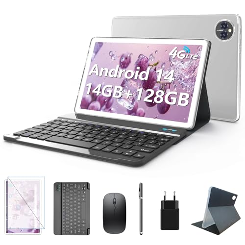 Tablet Android 14, Tablets 10 Zoll, 4G LTE 5GHz WiFi Tablet PC, 14GB RAM+ 128GB ROM(1TB TF), Octa-Core FHD 1280x800 Incell IPS, 8000mAh,13MP+8MP, GPS, TÜV, mit Tastatur Stift und Hülle, Silber 2025 Tablet Android 14, Tablets 10 Zoll, 4G LTE 5GHz WiFi Tablet PC, 14GB RAM+ 128GB ROM(1TB TF), Octa-Core FHD 1280x800 Incell IPS, 8000mAh,13MP+8MP, GPS, TÜV, mit Tastatur Stift und Hülle, Silber 2025
