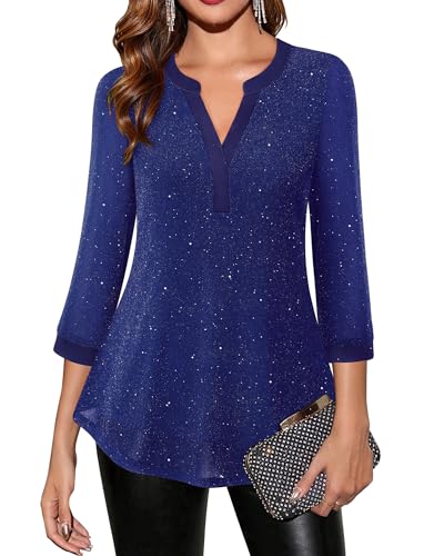 Vafoly Tunika Damen Elegant, Business Casual Blusen für Frauen 3/4 Arm Henley V-Ausschnitt Tunika Tops zu Tragen mit Leggings Damen Arbeit Professionelle Büro Kleidung Blinken Blau XXL
