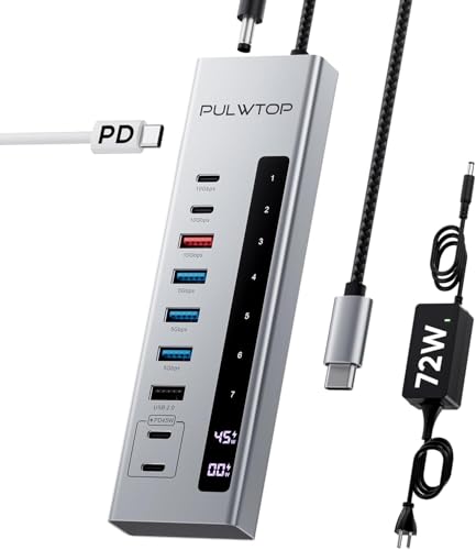 PULWTOP パワード USB C ハブ、10-in-1 USB 3.2 データハブ、USB A/C 10Gbps x 3、USBA 5Gbps x 3、USB A 2.0、100W PD入力、24/45W Type-C充電ポート x 2 (72Wアダプター付属)