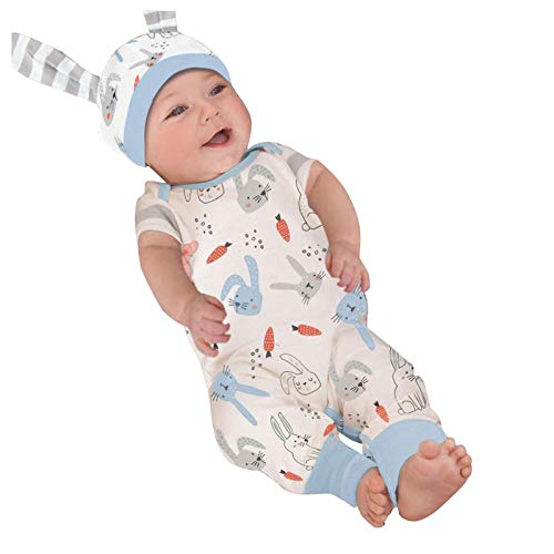 Easter Girls Boys Onesies Romper Bodysui,Infant Neutral Baby Cartoon Rabbit Printed Romper Jumpsuit+Hat Blue