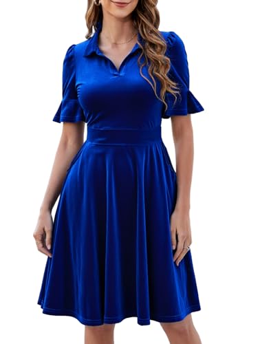 Image of Mokayee Womens Summer Ruffle Sleeve Collared V Neck Fit and Flare Elegant A line Swing Dresses with Pockets