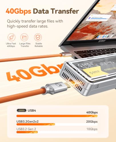 Image of ORICO Auso 40Gbps USB-C Cable 3.3FT with PD 240W Fast Charging, 8K60Hz Video,Thunderbolt4 /3 USB4 Compatible Data Cable,for iPhone 17 /16 /15 MacBook Docking -Orange