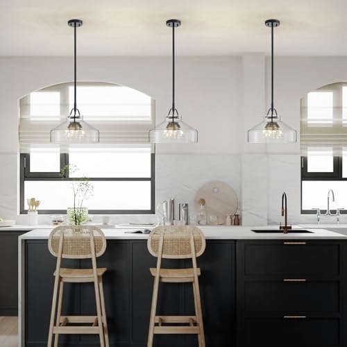 Image of WUZUPS Chandelier Rustic Farmhouse Industrial Round Ceiling Pendant LED Light Fixture with Clear Glass Shades for Dining Room Kitchen Island Foyer Entryway, H 11.8 inch W 15 inch, E26 Base, Brushed Nickel