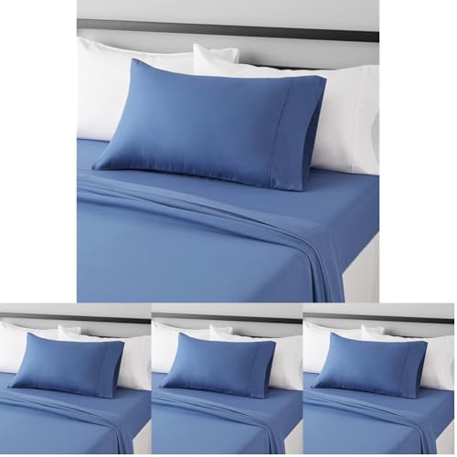 Image of Amazon Basics Lightweight Breathable Super Soft Easy Care Wrinkle Resistant Brushed Microfiber 3-Piece Bed Sheet Set with 14-Inch Deep Pockets,Twin,Dutch Blue,Solid,(Pack of 4)