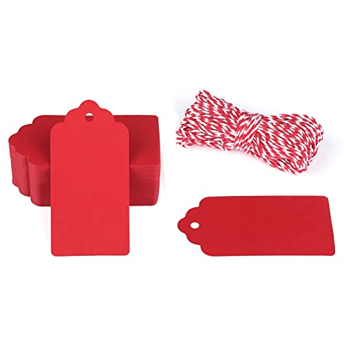 G2PLUS 100PCS Red Gift Tags with String, 2'' x 4'' Blank Paper Gift Tags with Twine for Gift Wrapping, Arts & Crafts, Wedding, Christmas, Thanksgiving, Valentine's Day