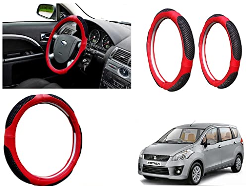 Image of Microfiber Car Steering Wheel Cover, Soft Padding Great Hand Feel, Anti-Slip, Faux Leather Steering Cover for Maruti Suzuki Ertiga Type1 | Black Red Jali - Pack of 1