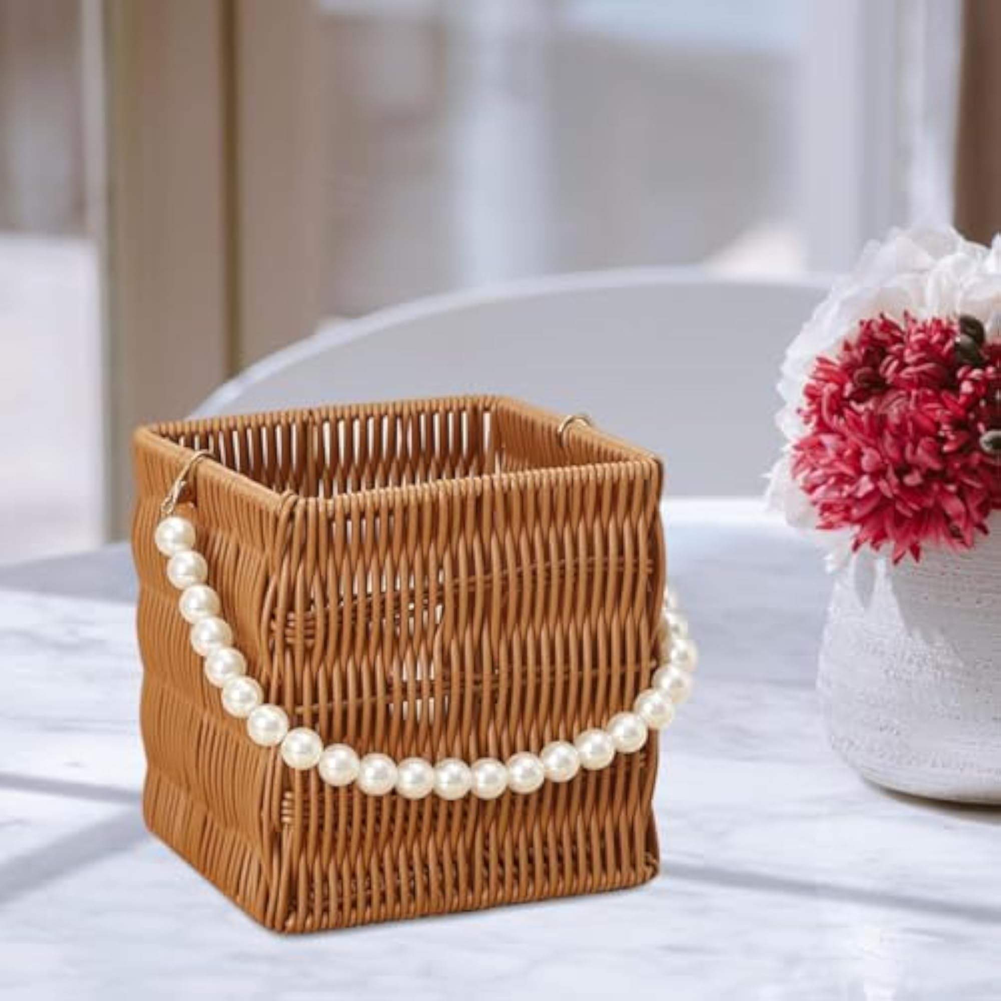 Imitation Rattan Flower Basket with Pearl Handle