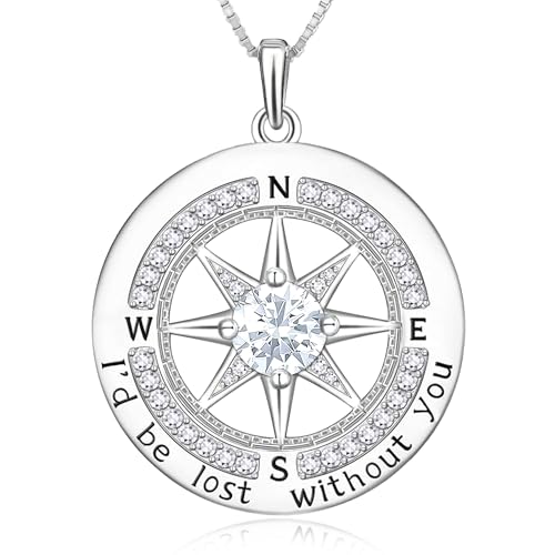 1 Carat Moissanite Compass Pendant Necklace in Sterling Silver – Engraved 'I'd Lost Without You' – Symbol of Love, Direction & Unwavering Bond