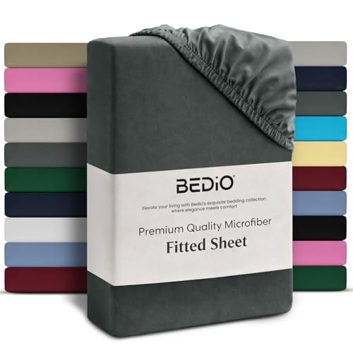 BEDIO Double Fitted Sheet Extra Deep Pocket 40cm (16 Inch) Charcoal Grey Bed Sheet Double Brushed Microfiber All Around Elastic Breathable Wrinkle & Fade Resistant