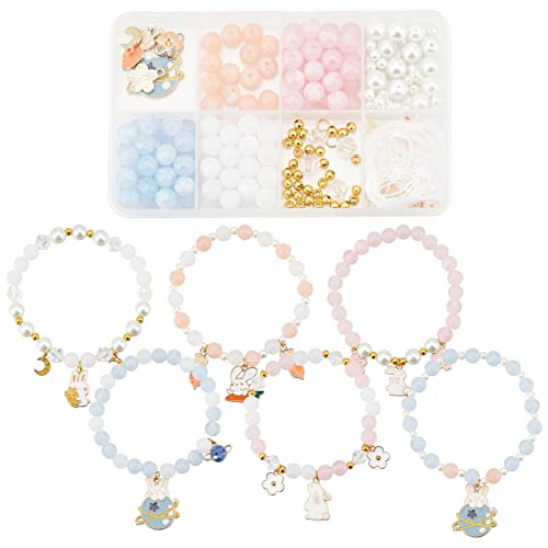SUNNYCLUE 1 Box 241Pcs DIY 6 Set Easter Rabbit Charms Enamel Bunny Charms Beaded Bracelets Making Kit Carrot Planet Moon Crescent Charm Round Glass Beads Faceted Bead for Jewellery Making Beading Kits