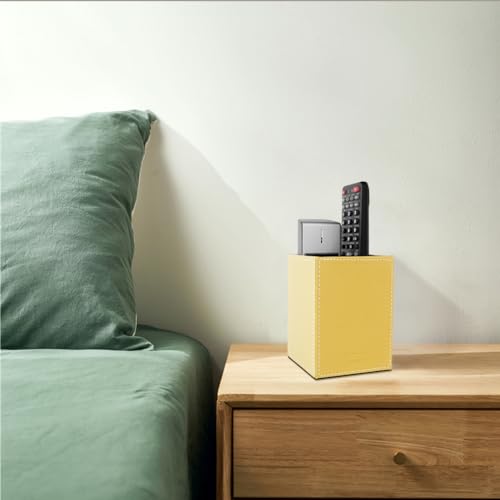 Image of Pen Pencil Holder Cup Container PU Leather Desk Organizer Stand Decor Brush Scissor Holder Decoration Office Desk Home School (Yellow, 3.54 inch x 3.54 inch x 4.72 inch)