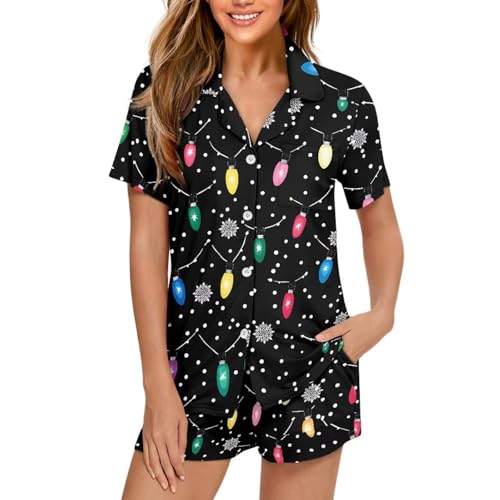 Image of Women's Short Sleeve Sleepwear Button 2 Piece Plus Size Pajamas Casual Soft Stretchy Funny Nightwear with Pockets