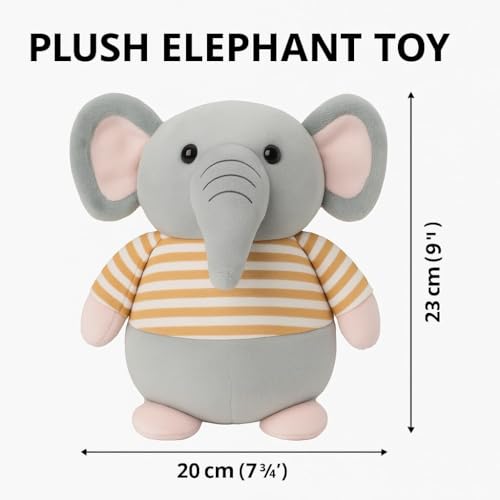 Image of Fun4you Plush Elephant Stuffed Animal Toy with Blue Striped T-Shirt, Soft Toy for Kids, Grey (Yellow)