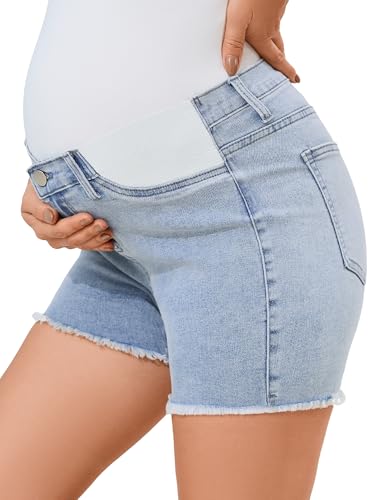 Image of PACBREEZE Women's Maternity Mid-Rise Stretch Denim Shorts Trendy Soft Frayed Hem Pregnancy Shorts, S-XXL (Light Blue, Medium)