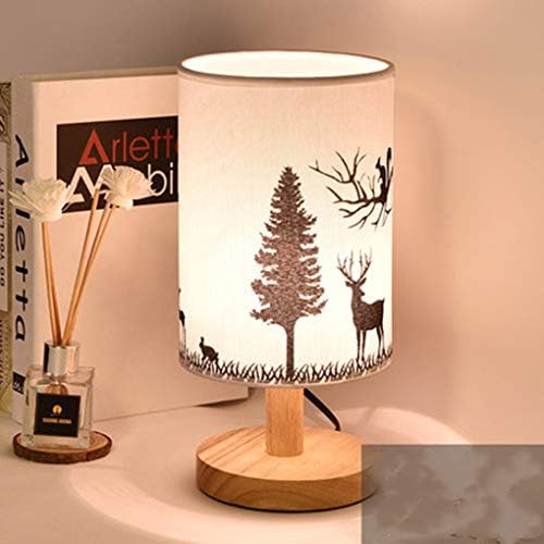 Zi Yang Lampe De Chevet Cerf Bois E27 - Abat-jour Tissu Classique Moderne H29*D14cm Lampe Table Salon Chambre 40W Max