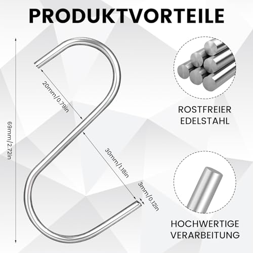 Partideal 20 Stück S Haken, Edelstahl Haken, S Metall Haken, Geeignet für Küche, Schlafzimmer, Badezimmer, Büro, Garderobe, Kann Schwere Gegenstände Aufhängen (Silber,S)
