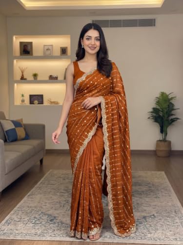 Image of RADHA Women's Embroidery Work Saree with Designer Border for Festive and Traditional Ethnic Drape Saree with Detailed Thread Style Pattern and Elegant Occasion Look