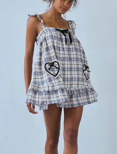 Image of NUFIWI Y2K Ruffle Hem Babydoll Mini Dresses Square Neck Spaghetti Strap Short Dresses Boho Flowy Patchwork Sundress Vocation