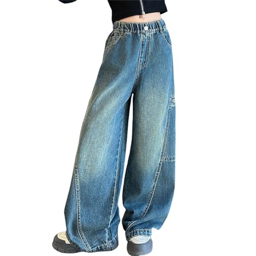 Girls Straight Wide Leg Jeans Kids Distressed Washed High Elastic Waist Denim Pants with Big Pockets Y2k