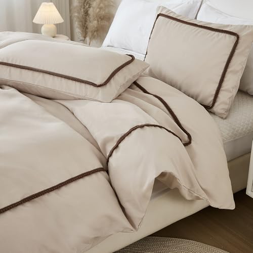 Herside Soft Microfibre Taupe Bedding Set Brown Ball Pom Duvet Cover Set Double Size Vintage Rustic Pom Duvet Cover Set Reversible Bedding with 2 Taupe Pillowcases for Adult Girls