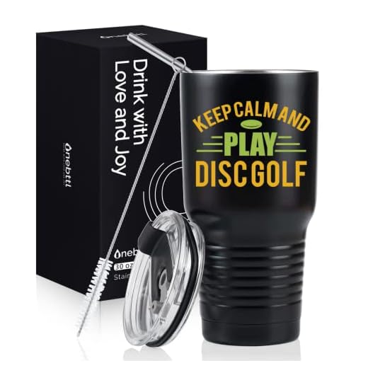 Onebttl Disc Golf Accessories, Disc Golf Gifts for Men, Frisbee Golf Gifts, KEEP CALM AND PLAY DISC GOLF, Disc Golf Stuff for Disc Golfers, 30oz Travel Insulated Tumbler with Straw, Brush, and Lid