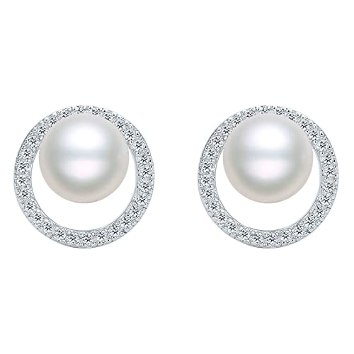 Ohrstecker Silber 925, Perlenohrringe Süßwasser-Zuchtperlen Ohrringe mit Zirkonia Frauen Geschenke für Damen Mädchen Freundin Teenager(Ring Sliber) Cover