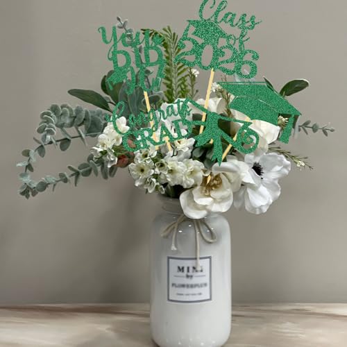 Image of Graduation Centerpiece Sticks 24PCS Glitter Grad Picks Party Table Decor Senior High School College Sign Green