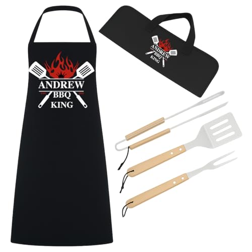 Personalised BBQ King Gift Set - 3 Piece Stainless Steel BBQ Tongs Tool Set with Wooden Handles & Custom Apron - Ideal Present for Men (Apron and Tools Set)