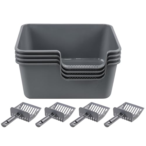 Tyminin 4 Packs Plastic Anti-Splashing Kitty Litter Box, Cat Litter Box High Sides, Grey
