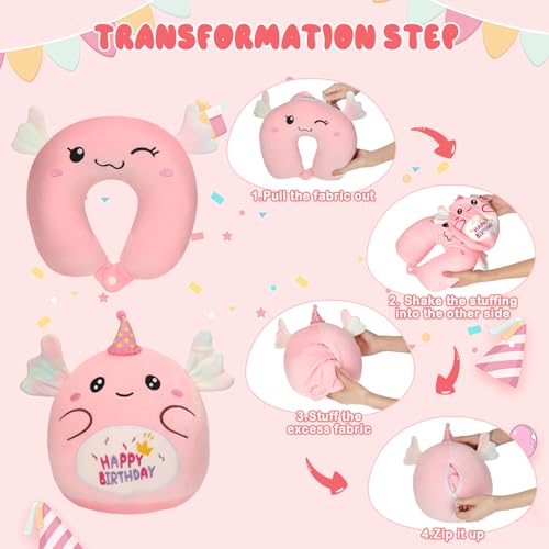 GDGZT Kids Travel Pillow, 2-In-1 Kids Neck Pillow for Travel, Reversible 10 Inch Axolotl Happy Birthday Plush Toy, Axolotl Plush Pillow Comfortable in Airplane, Car, Nap, Reading, Decor - Image 4