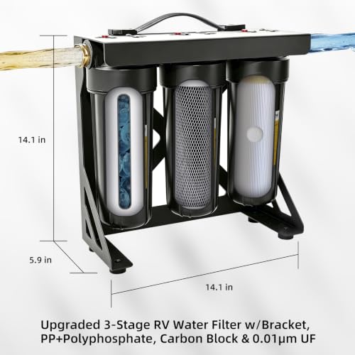 Image of Filterelated Upgraded 3-Stage RV Water Filter w /Bracket, PP+Polyphosphate, Carbon Block & 0.01μm UF, 3 /4 inch Brass Fittings, Reduces Sediment, Chlorine, Metals, Odors - for Camper, Boat, Garden