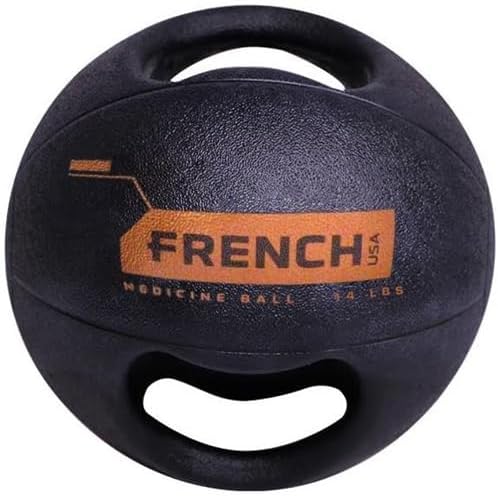 French Fitness Dual Grip Medicine Ball w/Handles – Reinforced Rubber, Textured Grip, Durable Design for Strength Training & Conditioning (14 lb)