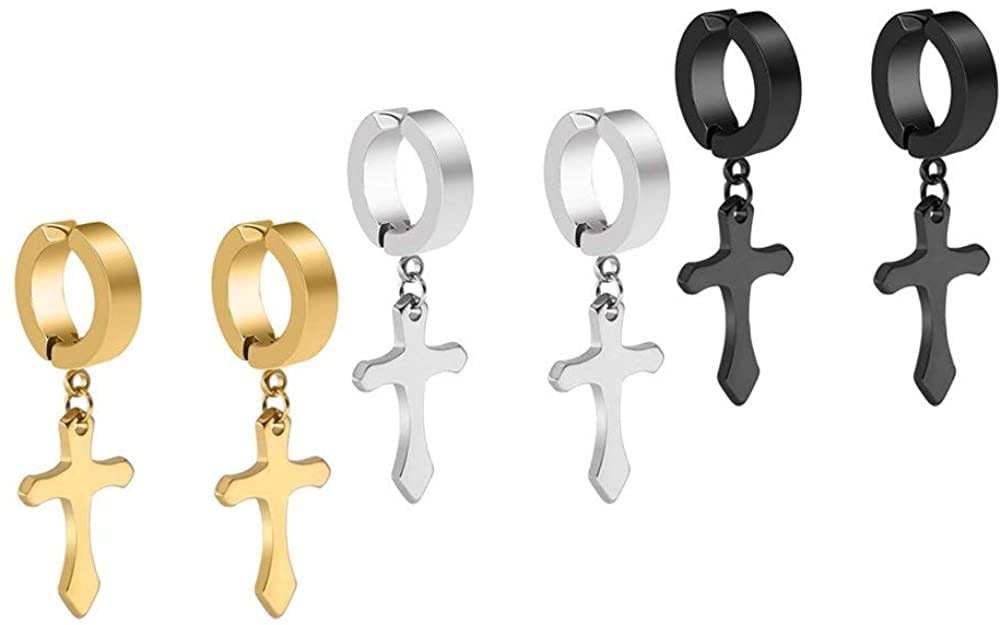3 Pairs Non-Piercing Clip On Cross Earrings Set for Boys Girls Mens Womens Stainless Steel Huggie Earring