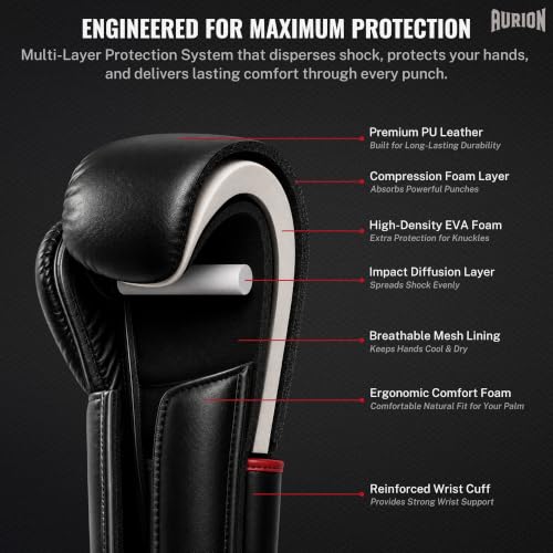 Image of Aurion Boxing Gloves 16 Oz for Men | Premium PU Leather Training Gloves with EVA Foam Padding, Breathable Palm, Wrist Support & Thumb Protection | Boxing, Sparring,Kickboxing| Black-Red