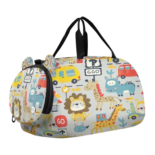 YETTASBIN Sport Travel Duffel Bag for Girls Boys, Cartoon Animal Car Large Waterproof Weekender Overnight Bag, Detachable Shoulder Strap Gym Bag with Shoe Compartment & Wet Pocket