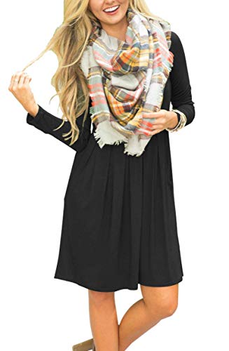 AUSELILY Women's Long Sleeve Pleated Loose Swing Casual Dress with Pockets Knee Length (L, Black)