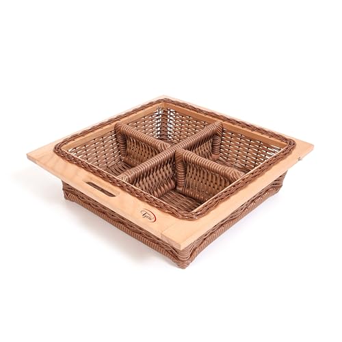 Image of Wicker Baskets For Modular Kitchen | Wood-Pvc Pull Out Basket With Handle|Large Square Shape Storage Baskets for Onion, Potato & Fruits (22.25W(564mm)X20Lx6H Inches (Dark Brown(Double Partition)