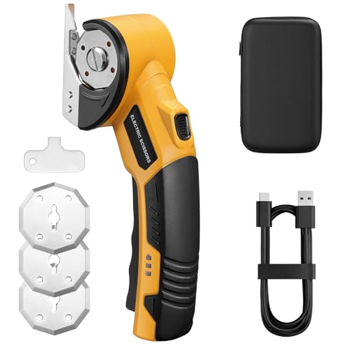 Cordless Electric Scissors, Cardboard Cutter with Box, 3 Blades, Yellow
