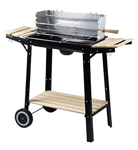 aro carrito barbacoa con ruedas cuadrado, acero / madera, 93.5 x 40.5 x 85 cm, 2 rejillas y 2 mesas auxiliares, asador incluido, asas de madera, protector de viento, color negro Cover