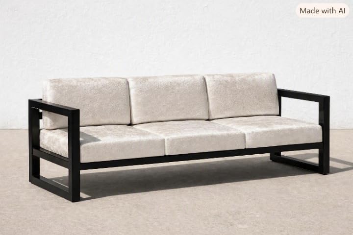 Image of Modern 3-Seater Outdoor Sofa with White Cushions, Black Metal Set Upon a Sturdy Black Metal Geometric Base Frame.